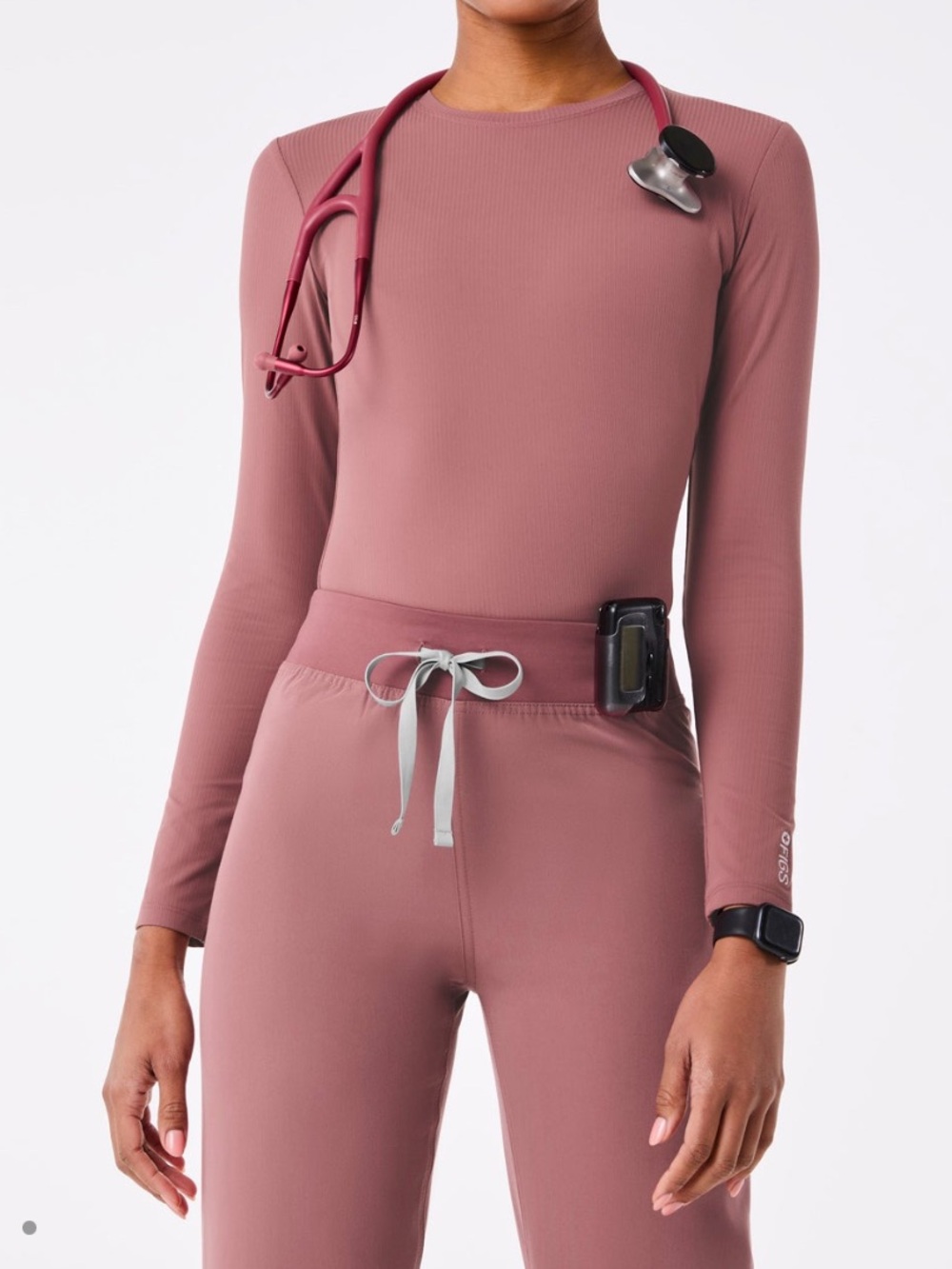 FIGS Ribbed Longsleeve Underscrub Top - Mauve
